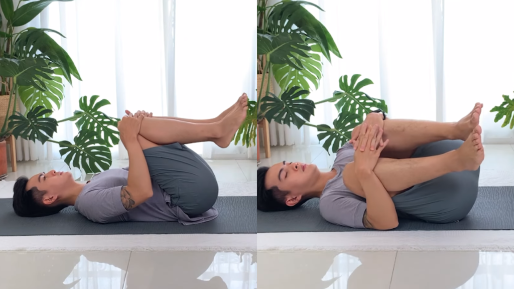 Động tác Yoga nằm ôm chân